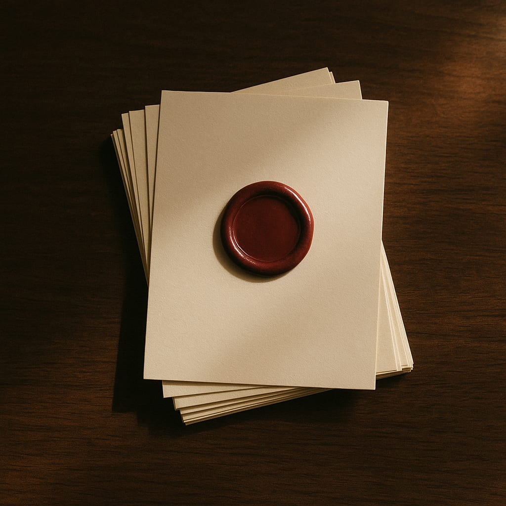 Stack of cream paper index cards on dark walnut, top card sealed with deep oxblood wax