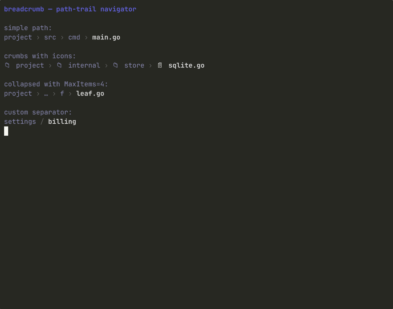 Terminal preview of the breadcrumb component.