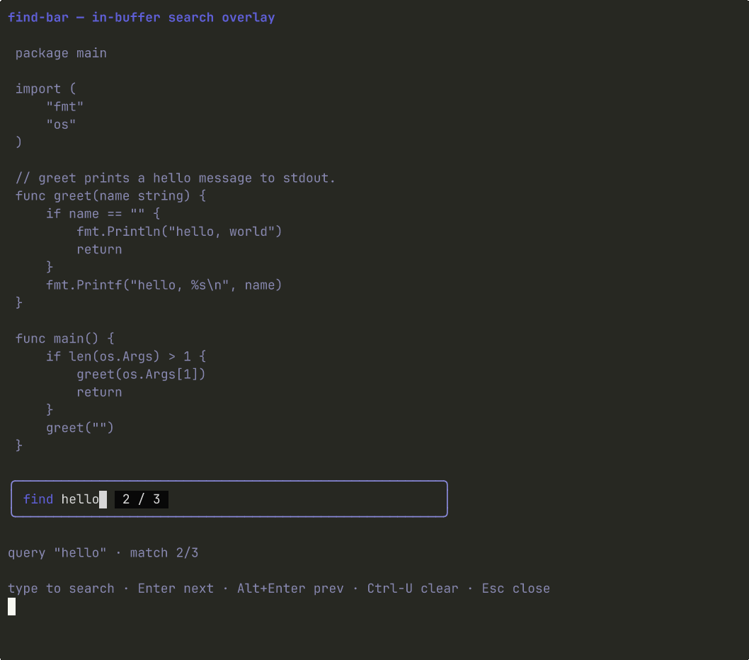 Terminal preview of the find-bar component.