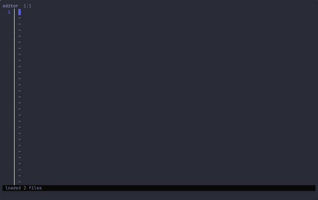 A terminal screen recording: open a Go file with an undeclared name, gopls runs under the project root, a red bullet appears in the gutter on the broken line, and the status bar reads bullet 1E 0W.