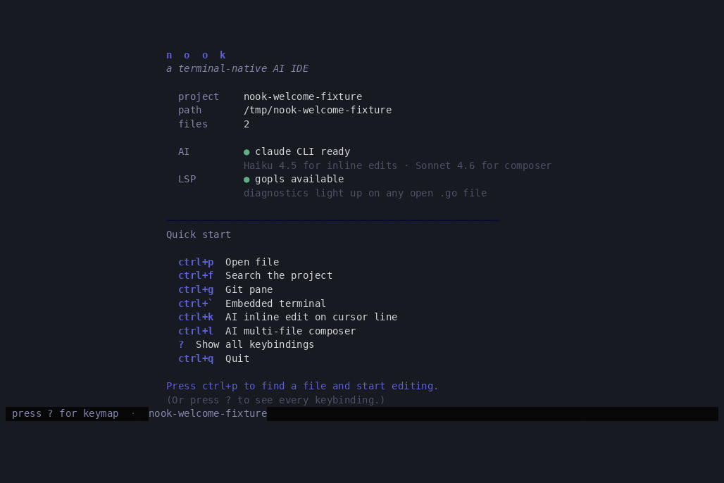 A terminal screen recording: run nook on a project and land on a centered welcome card with the wordmark, project name, file count, green dots next to claude CLI ready and gopls available, and a quick-start key list. Press question mark to open the full keymap overlay. Ctrl+P opens the file picker, type to filter, Enter to open, edit, Ctrl+S to save.